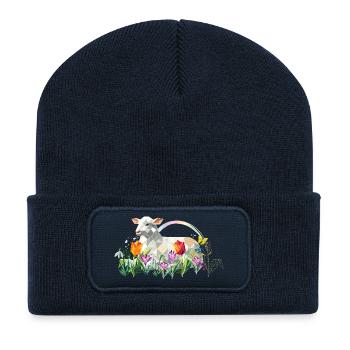 Agneau de printemps aux fleurs et papillons - Beanie recyclé à patch - bleu marine - Devant