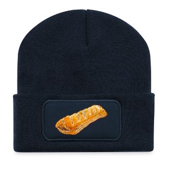Illustration de rouleau de saucisse - aspect patiné - Beanie recyclé à patch - bleu marine - Devant