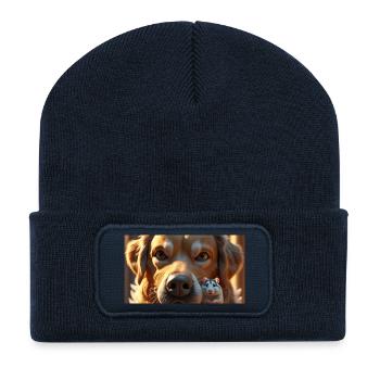 Chien et souris en duo d’amitié - Beanie recyclé à patch - bleu marine - Devant