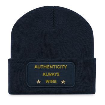 AUTHENTIZITÄT GEWINNT IMMER – Goldenes Motivationszitat - Recycelte Patch Beanie - French Navy - Vorne
