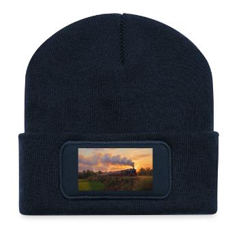 Train à vapeur du coucher du soleil - Beanie recyclé à patch - bleu marine - Devant