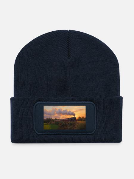 Train à vapeur du coucher du soleil - Beanie recyclé à patch - bleu marine