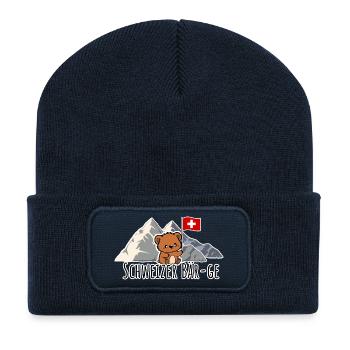 Niedlicher Schweizer Bär mit Schweizer Flagge süß! - Recycelte Patch Beanie - French Navy - Vorne