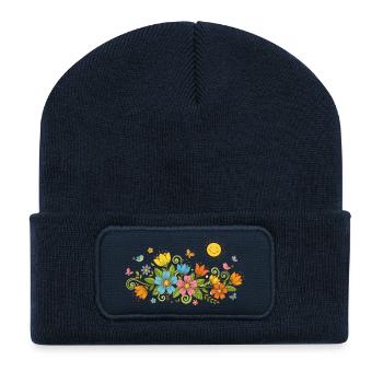 Frühlingsblüten Blumen und Vögel im Sonnenschein - Recycelte Patch Beanie - French Navy - Vorne