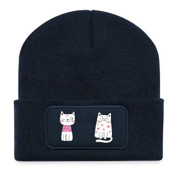 Zwei Katzen im HerzPopArt Stil - Recycelte Patch Beanie - French Navy - Vorne