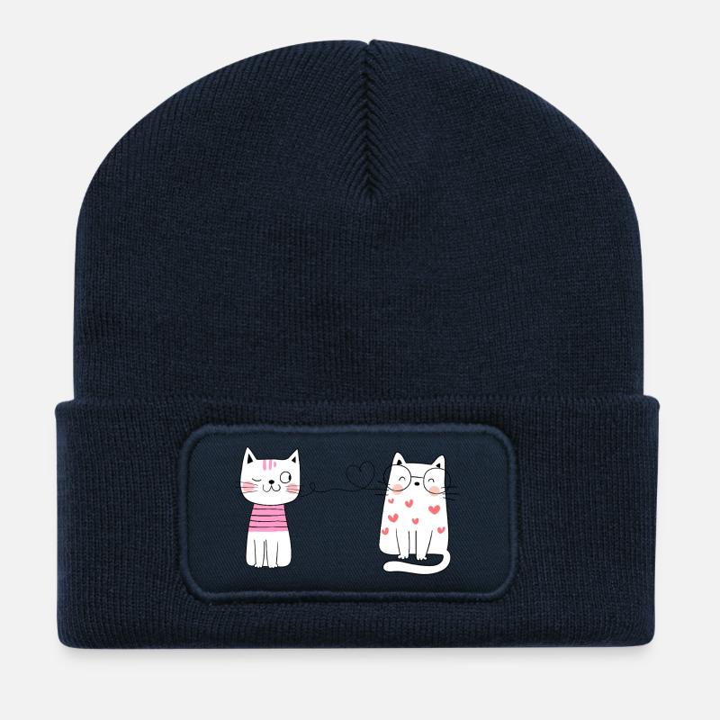 Deux chats au cœur dans le style PopArt - Beanie recyclé à patch - bleu marine