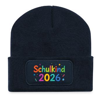 Schulkind 2026 Bunte Lernwelt - Recycelte Patch Beanie - French Navy - Vorne