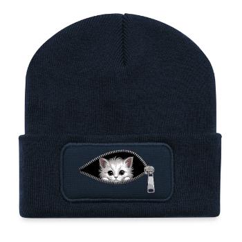 Katze Reißverschluss Katzenmama Cat Süßes Katzen - Recycelte Patch Beanie - French Navy - Vorne
