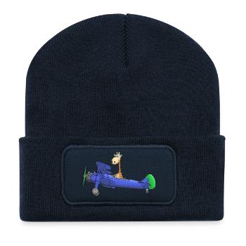Enfants girafe dessin animé avion - Beanie recyclé à patch - bleu marine - Devant