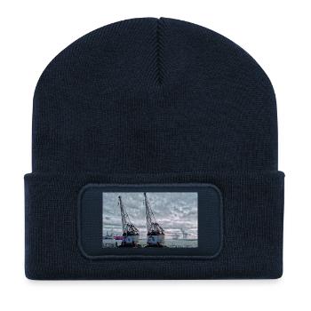Hamburg Hafen Hafenromantik mit alte rostige Kräne - Recycelte Patch Beanie - French Navy - Vorne