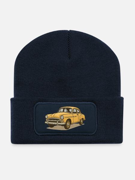 Gelber Vintage Wagen Illustration - Recycelte Patch Beanie - French Navy