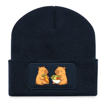 Couple capybara avec des légumes – détendu et mignon - Beanie recyclé à patch - bleu marine - Devant
