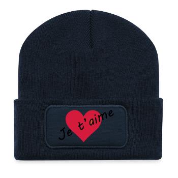 Cœur je t'aime  - Beanie recyclé à patch - bleu marine - Devant