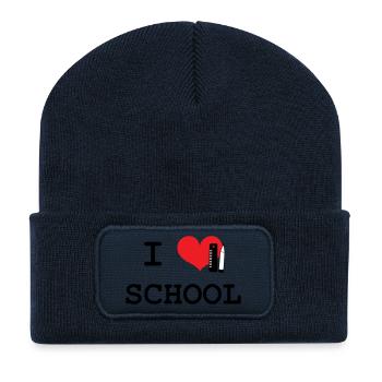 J'aime l'École : Motif Love School Iconique Noir - Beanie recyclé à patch - bleu marine - Devant