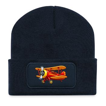 Biplane Airplane Motif Retro Cartoon - Recycled Patch Beanie - french navy - Front