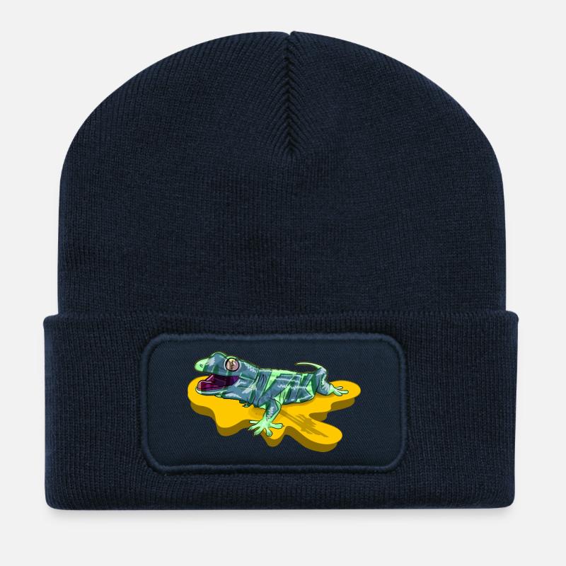 Lizard on neon yellow pond - Recycled Patch Beanie - french navy