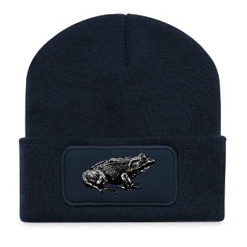 Grafik von einem realen Frosch im Profil  - Recycelte Patch Beanie - French Navy - Vorne