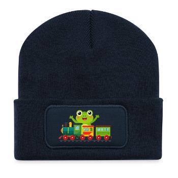 Green cartoon frog cheering with toy train - Recycled Patch Beanie - french navy - Front