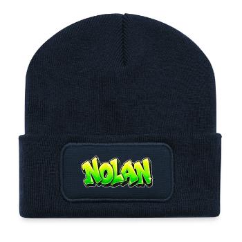 NOLAN in Graffiti: der Name, der alles auseinanderreißt! - Recycelte Patch Beanie - French Navy - Vorne