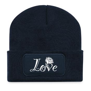 Love Blossoms : Typographie avec une rose intégrée - Beanie recyclé à patch - bleu marine - Devant