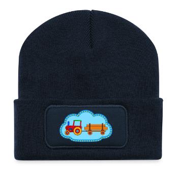 Roter Traktor / Traktor mit Hänger - Recycelte Patch Beanie - French Navy - Vorne