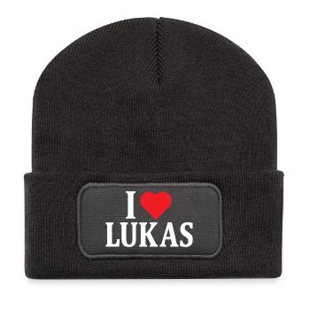 T-Shirt I love Lukas T-Shirt Geschenkidee - Recycelte Patch Beanie - Dunkelgrau - Vorne