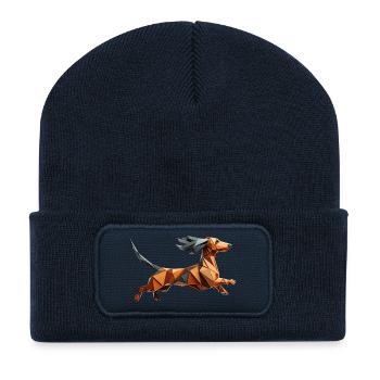 Dachshund Dog Running Origami Geometric 3D - Recycled Patch Beanie - french navy - Front