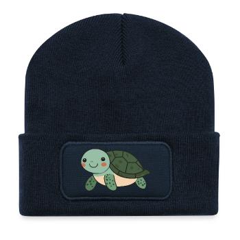 Cute Happy Turtle - Adorable and Cheerful Cartoon - Recycled Patch Beanie - french navy - Front