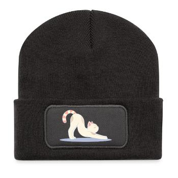 süße Katze in der klassischen Yoga Dehnpose - Recycelte Patch Beanie - Dunkelgrau - Vorne