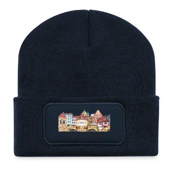 Farbige Fachwerkhäuser von Esslingen Handzeichnung - Recycelte Patch Beanie - French Navy - Vorne