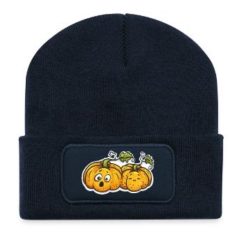 Cute Pumpkin Couple - Halloween Fall Comic - Recycled Patch Beanie - french navy - Front