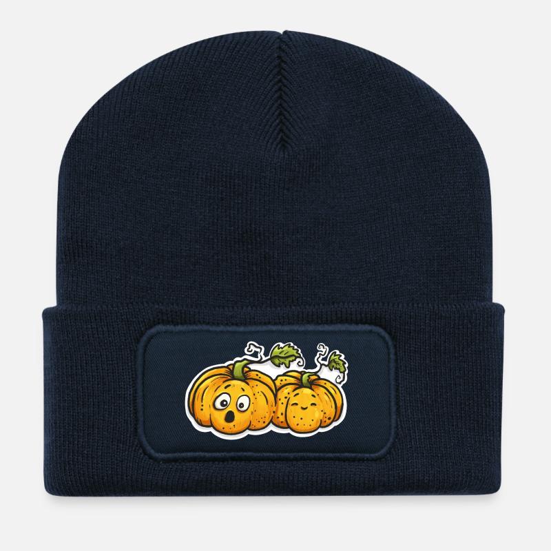 Couple de citrouilles mignon - Bande dessinée d’automne d’Halloween - Beanie recyclé à patch - bleu marine