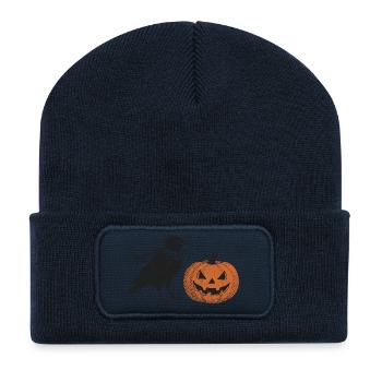 Krähe mit Halloween Kürbis - Recycelte Patch Beanie - French Navy - Vorne
