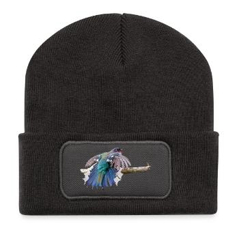 Oiseau coloré en vol sur branche - Beanie recyclé à patch - charbon - Devant