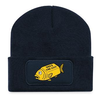 Comic Cartoon Goldfish Gold Bar Fine Gold Fish - Recycled Patch Beanie - french navy - Front