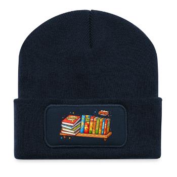 Shelf with books comic cartoon style - Recycled Patch Beanie - french navy - Front