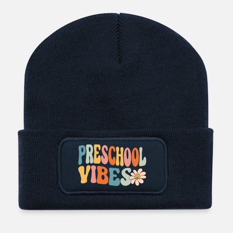 Preschool Vibes Retro Rainbow Kids Design - Recycled Patch Beanie - french navy