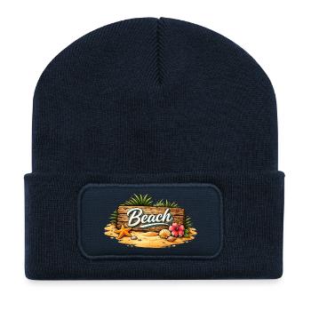 Beach Wooden Sign Beach Illustration - Recycled Patch Beanie - french navy - Front