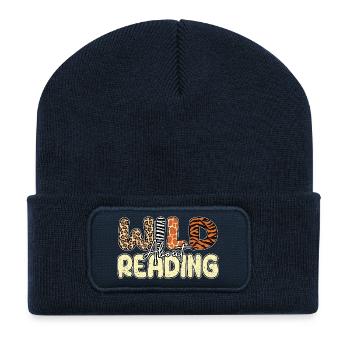 Wild About Reading Books Lover Funny Book - Recycled Patch Beanie - french navy - Front