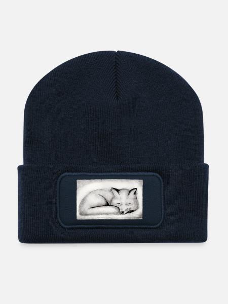 Schlafender Fuchs - handgeschnitzte Druckvorlage - Recycelte Patch Beanie - French Navy