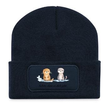 Schön, dass es dich gibt - Design mit Ottern - Recycelte Patch Beanie - French Navy - Vorne