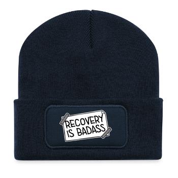Recovery Is Badass Motivational Recovery Quote Logo - Recycled Patch Beanie - french navy - Front