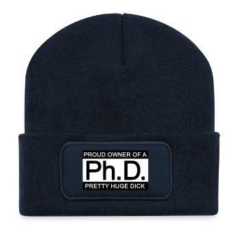 Doctorat Propriétaire fier d'un Dick assez énorme - Beanie recyclé à patch - bleu marine - Devant