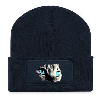 Chat aux yeux bleus ! belle idée de cadeau - Beanie recyclé à patch - bleu marine - Devant