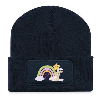 2. Geburtstag Regenbogen Hase Mädchen Geschenk - Recycelte Patch Beanie - French Navy - Vorne