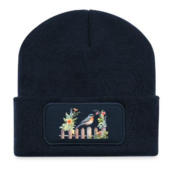 Bird on wooden fence - Recycled Patch Beanie - french navy - Front