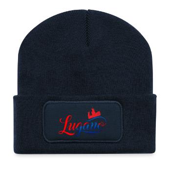 Lugano Stadtblick Neon Design - Recycelte Patch Beanie - French Navy - Vorne
