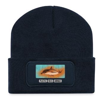 Unterwasserwelt gegen Plastikmüll mit Delfin - Recycelte Patch Beanie - French Navy - Vorne