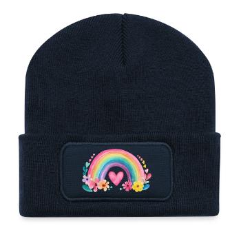 Regenbogen mit Herz & Blumen – Aquarell Liebe - Recycelte Patch Beanie - French Navy - Vorne