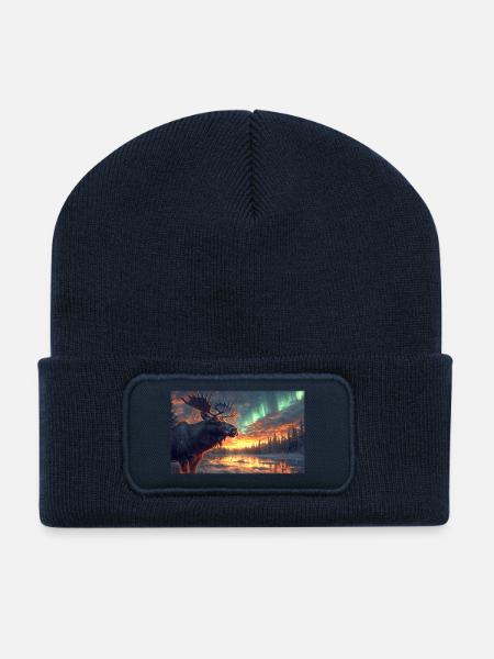 Elch unter Polarlichtern: Arktische Magie - Recycelte Patch Beanie - French Navy